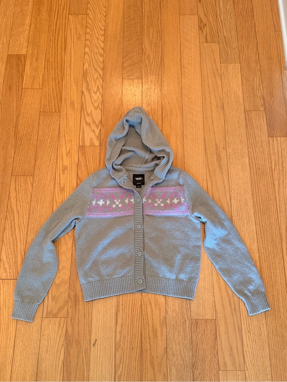 Vans Light Gray Hooded Button-Up Cardigan with Pink Pattern